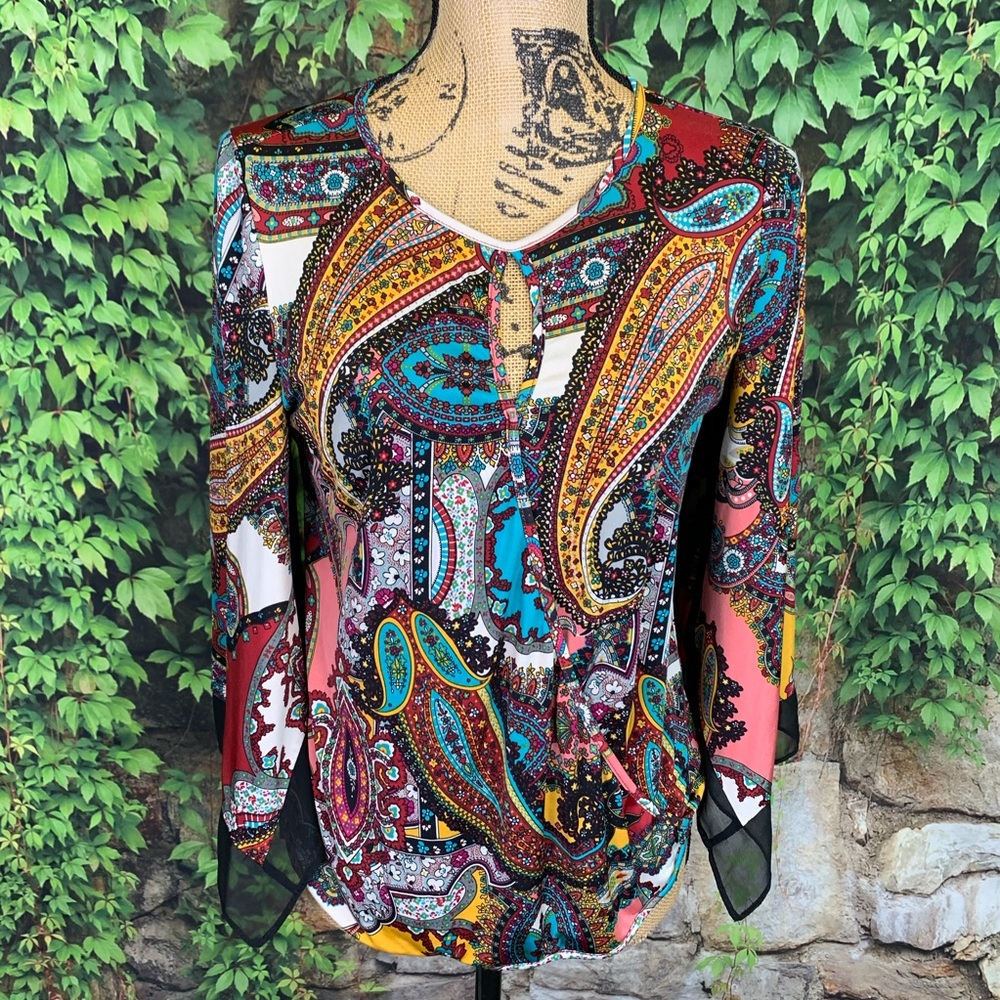 JENNIE & MARLIS Multicolored Stevie Nicks Style Print Butterfly Sleeve Blouse, S - Picture 3 of 10